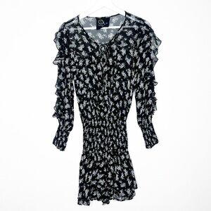 Blue Life Black Smocked Ruffle Sleeve Floral Romper Mini Dress